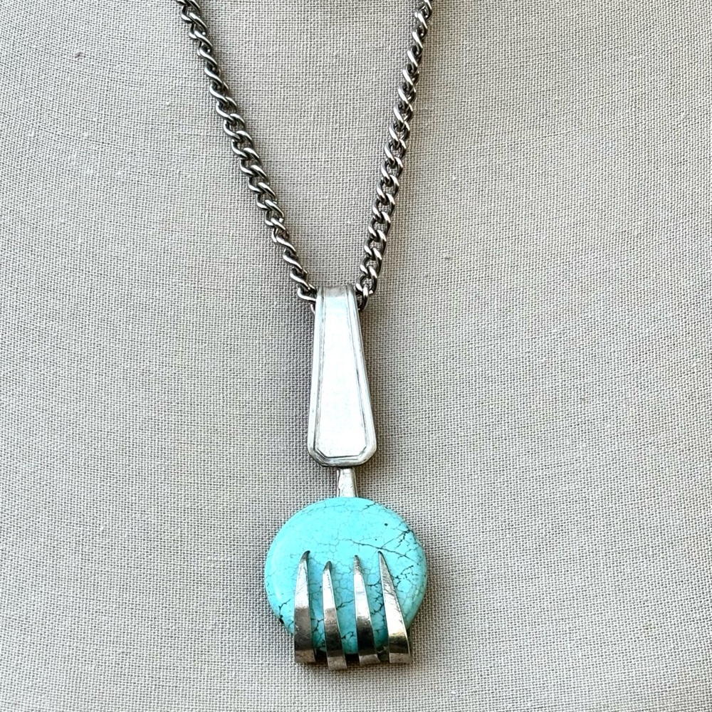 Vintage fork and stabilized Turquoise Pendant Necklace